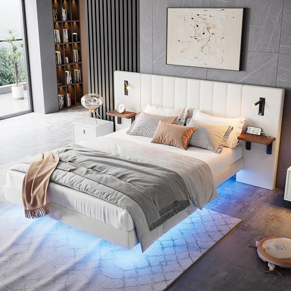 Upholstered Platform Beds, LED Functional Floating Bed with Bedside Tables, Directional Lamp and Charging Station, 5ft King Size Bed Frame with Wide Headboard & Metal Slats, Velvet, White,No Mattress