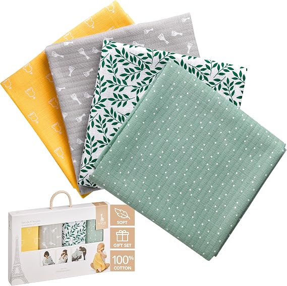 Sophie la girafe Swaddle Blankets, Set of 4, Soft Breathable Cotton Baby Swaddles for Newborns, Lightweight Receiving Blankets
