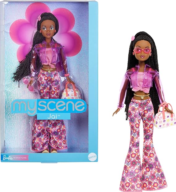 Barbie Signature My Scene Jai oyuncak bebek ve aksesuar parçaları, siyah örgü örgülü saçlar, binyılın başından ilham alan kıyafet, pembe üst parça, vinil ceket, pantolon, JBH84