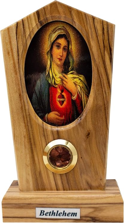 Logos Trading Post Virgin Mary Immaculate Heart, Holy Land Olive Wood Catholic Standing Wooden Plaque from Israel with Full Color Center Portrait, Traditional Devotional Prayer Icon