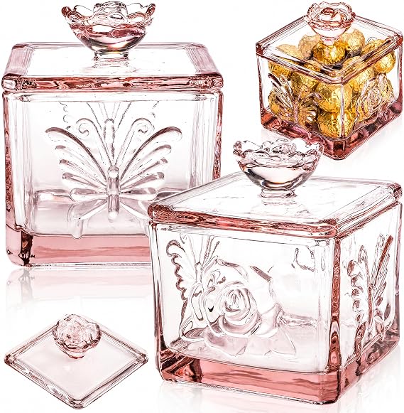 Goaste 2 Pack Glass Candy Dish with Lid, 440ml Embossed Clear Candy Jar, Decorative Crystal Covered Sugar Bowl, Vintage Jewelry Storage Trinket Box for Candy Buffet, Wedding, Home Decoration (Pink)