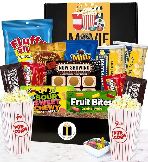 Deluxe Movie Night Gift Includes Popcorn Buckets, Popcorn, Theater Size Snacks - Perfect for College Students, Teens, Men, Kids, Date Night, Birthday (Deluxe)