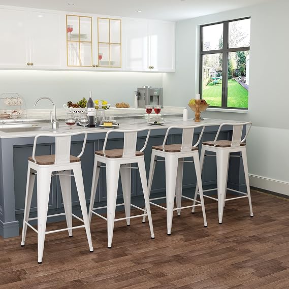Tongli Metal Bar Stools Set of 4 Barstools Counter Height Bar Stools with Back Industrial Bar Stool Indoor Counter Stool Kitchen Island Stools Modern Bar Chair with Wood Top 24 inch White Cream