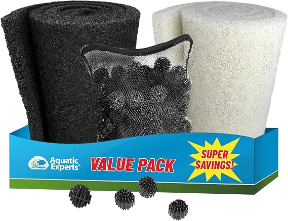 Aquatic Experts 1.5 Inch Bio Ball 100 Count with Mesh Bag + Black Coarse 12"x72" + White Fine 12"x72" Value Pack
