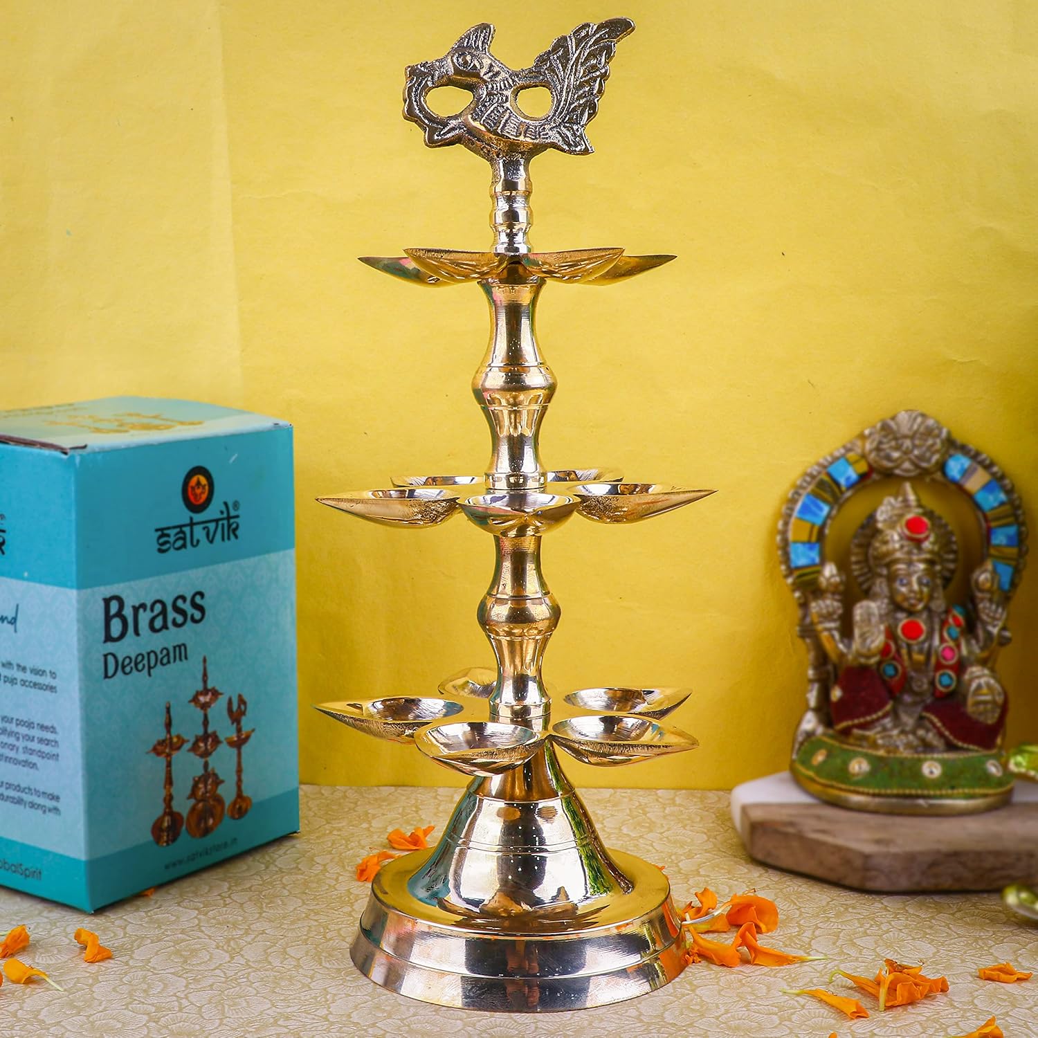 SATVIK 1 Pc Brass Panchmukhi Peacock Kerala Samai Puja Diya Kutthu Vilakku Oil Lamp Pooja 3 Step Diya Engraved Design Deepak Indian Diwali Pooja Home Mandir Office Decor Housewarming Return Gift Items