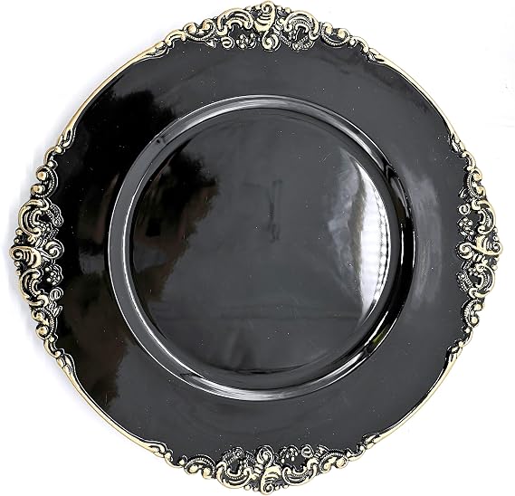 allgala 13-Inch 48-Pack Case Lot Heavy Quality Round Charger Plates-Floral Black Gold Trim-HD80843