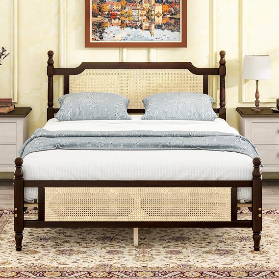 Bohemian Bed Frame - Sleigh Bed Frame with Rattan Headboard and Footboard, Wood Platform Bed Frame with Spherical-Head Bedposts and Wooden Slats, No Box Spring Needed (Espresso, Queen)