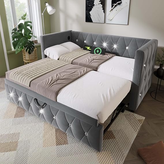 Daybed, Single Bed Frame with Trundle, 3ft Sofa Bed with Charging Ports, Pull Out Bed for Living Room and Bedroom, Velvet, (No Mattress) (Grey)
