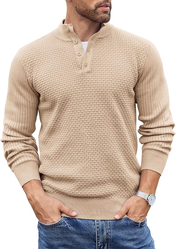 COOFANDY Mens Sweater Long Sleeve Henley Quarter Button Dress Sweaterss