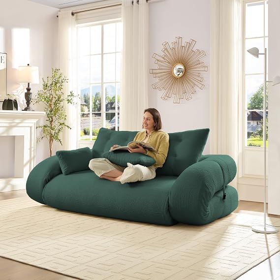 78.7" Loveseat Fold-Out Couch with Pillows, 3-in-1 Convertible Folding Sleeper Sofa Bed, Modern Teddy Fabric Lazy Sofa Couch, Human & Dog Bed for Living Room & Small Spaces (Green)