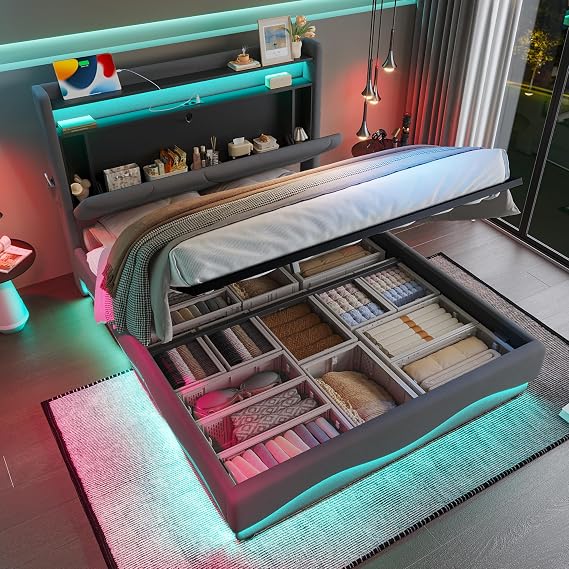 4ft6 Upholstered Double Bed Frame Ottoman Bed with LED Lighting and USB C, Hydraulic Storage Beds Double Beds 135x190 cm with Storage Headboard and Bag, Velvet, Grey, No Mattress
