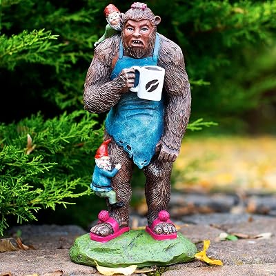 Bigfoot Garden Statue 11 Inch with Coffee Cup, Funny Sasquatch and Gnomes Outdoor Decor, Resin Yard Figurine for Lawn, Patio, Garden, Bigfoot Gifts